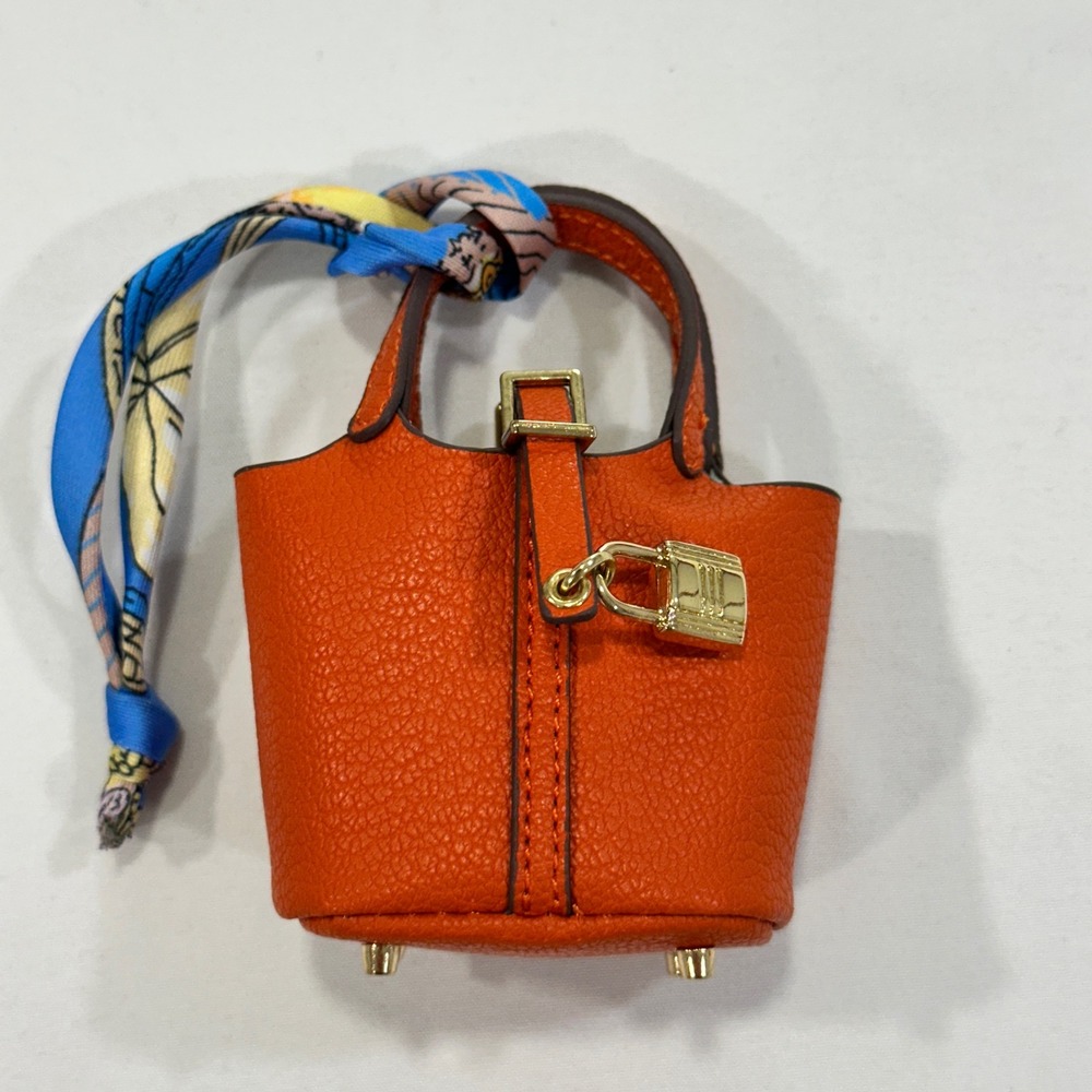 Orange Leather Mini Tote Key & Card Holder with Blue Scarf Accent